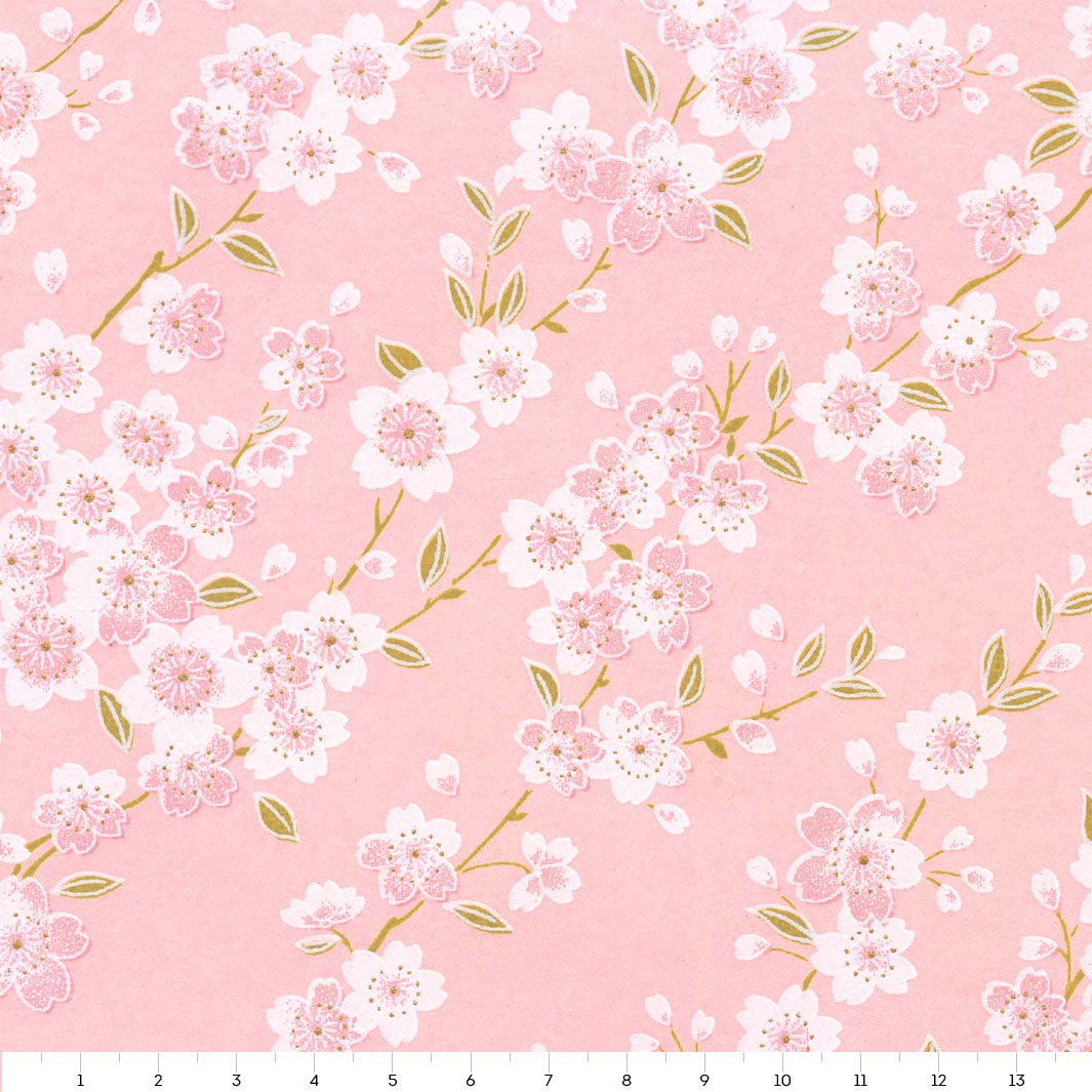 papier japonais aux motifs de branches de cerisier rose poudré, blanc et vert tilleul adeline klam de 14cm par 14cm