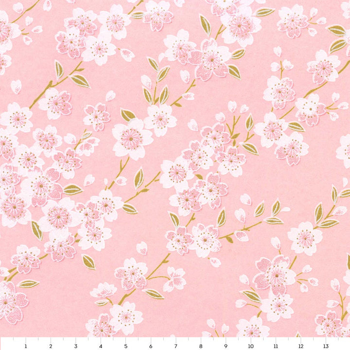 papier japonais aux motifs de branches de cerisier rose poudré, blanc et vert tilleul adeline klam de 14cm par 14cm