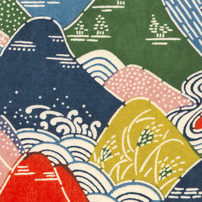 papier japonais katazome aux motifs de montages et de rivières rouges, bleues, vertes, jaunes et roses adeline klam de 10cm par 10cm