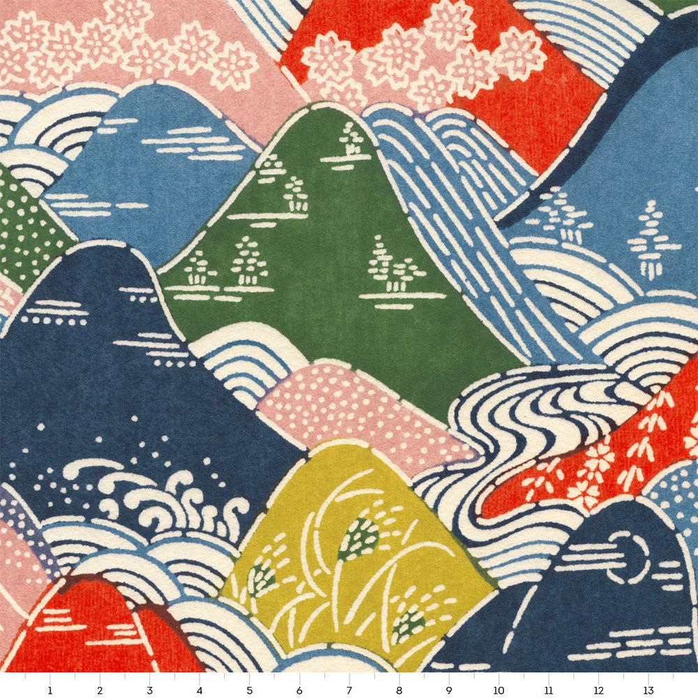 papier japonais katazome aux motifs de montages et de rivières rouges, bleues, vertes, jaunes et roses adeline klam de 10cm par 10cm