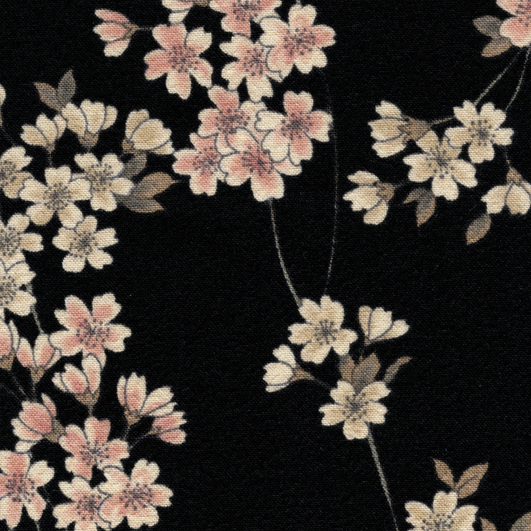 photo packshot du tissu japonais aux motifs de fines branches de fleurs de cerisier dans les tons noirs, crème et rose clair T333