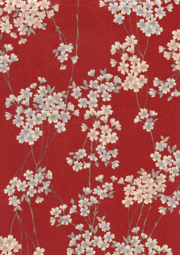photo packshot du tissu japonais aux motifs de fines branches de fleurs de cerisier dans les tons rouge sombre, gris clair et rose pâle T358
