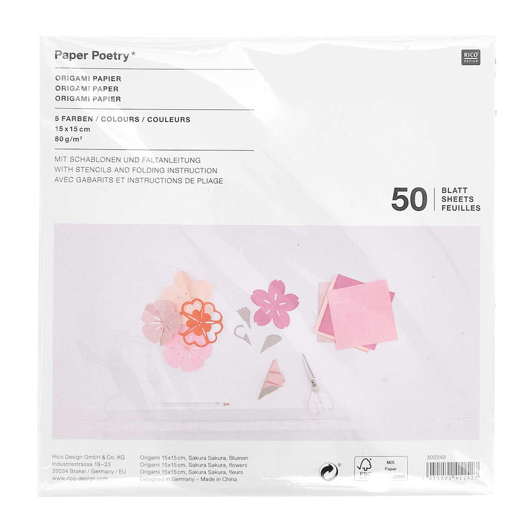 50 Papiers Origami Unis et Gabarits - Rose - 5 couleurs - 15x15 cm