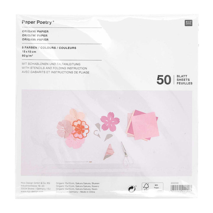50 Papiers Origami Unis et Gabarits - Rose - 5 couleurs - 15x15 cm