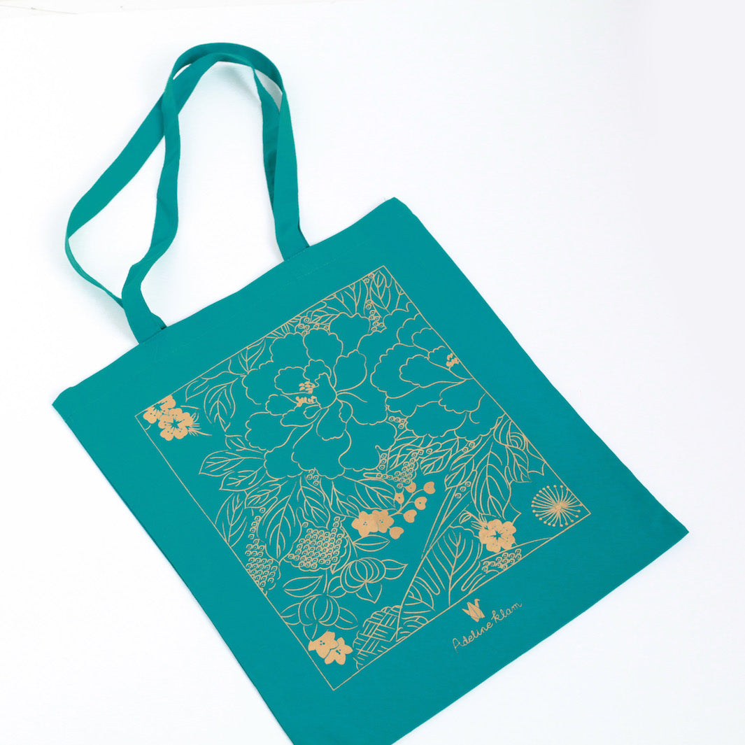 Tote Bag Adeline Klam - Motif Fleuri - Bleu Canard
