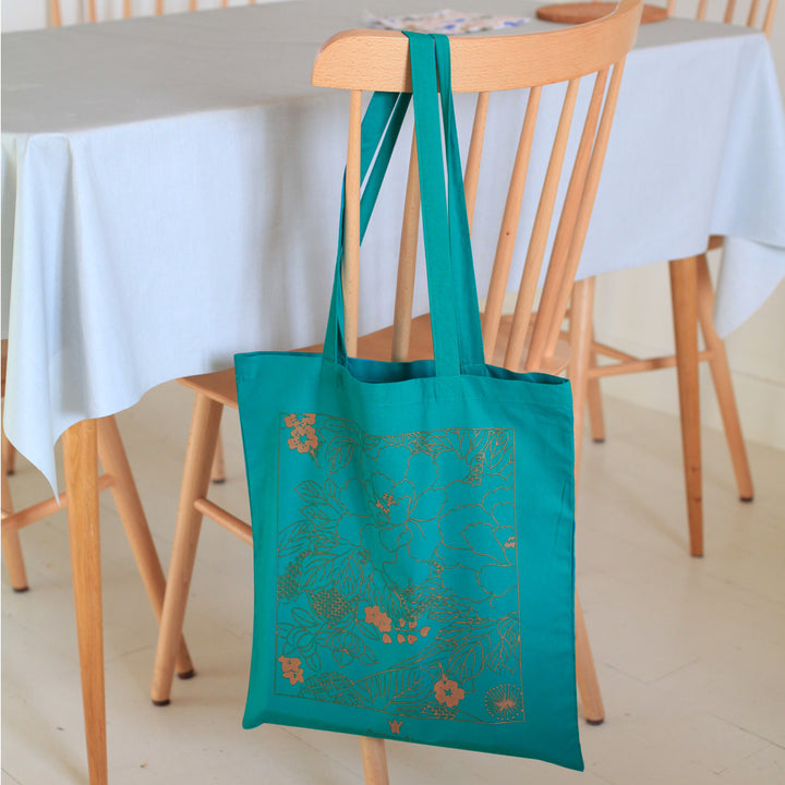 Tote Bag Adeline Klam - Motif Fleuri - Bleu Canard